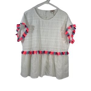 Andree by Unit Eyelet White Cotton Top Neon Multicolor Fringe Tassels Size 1X